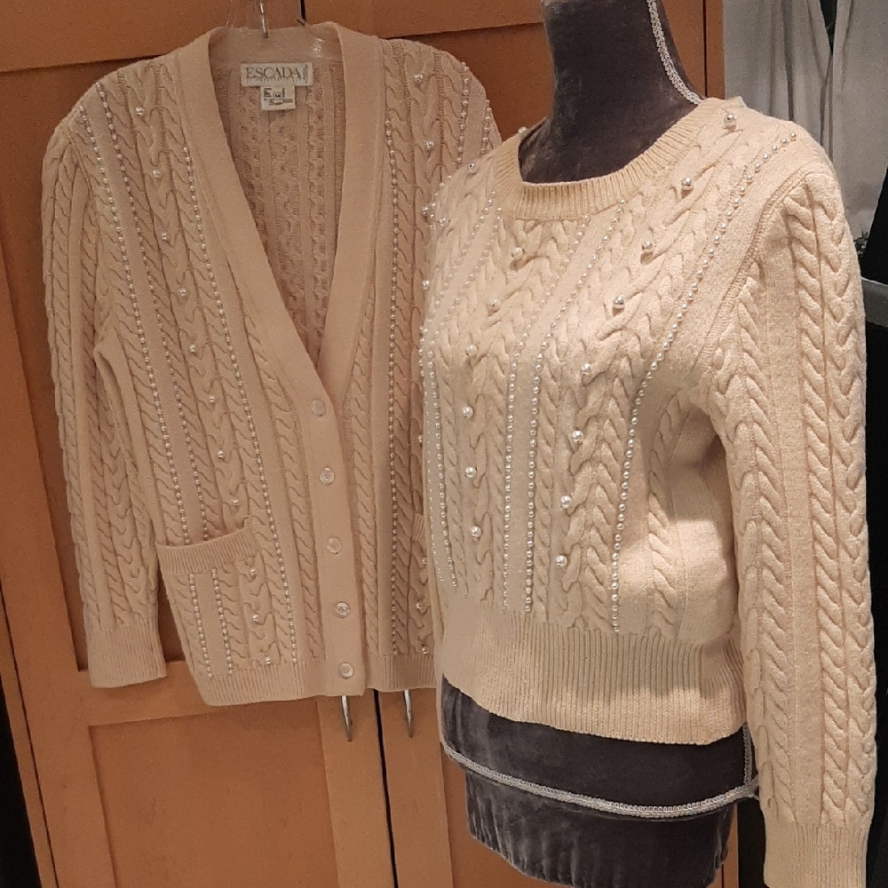 ESCADA🍦VINTAGE CreamCABLE Knit Cardigan Sweater SET PEARL EMBELLISHMENTS SZ 34